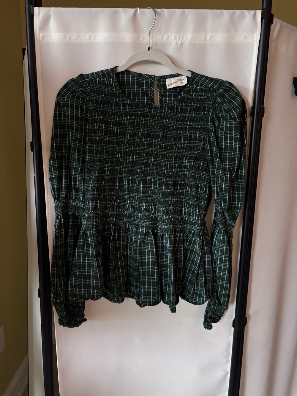 Universal Thread Green Plaid Smocked Peplum Long-Sleeve Blouse